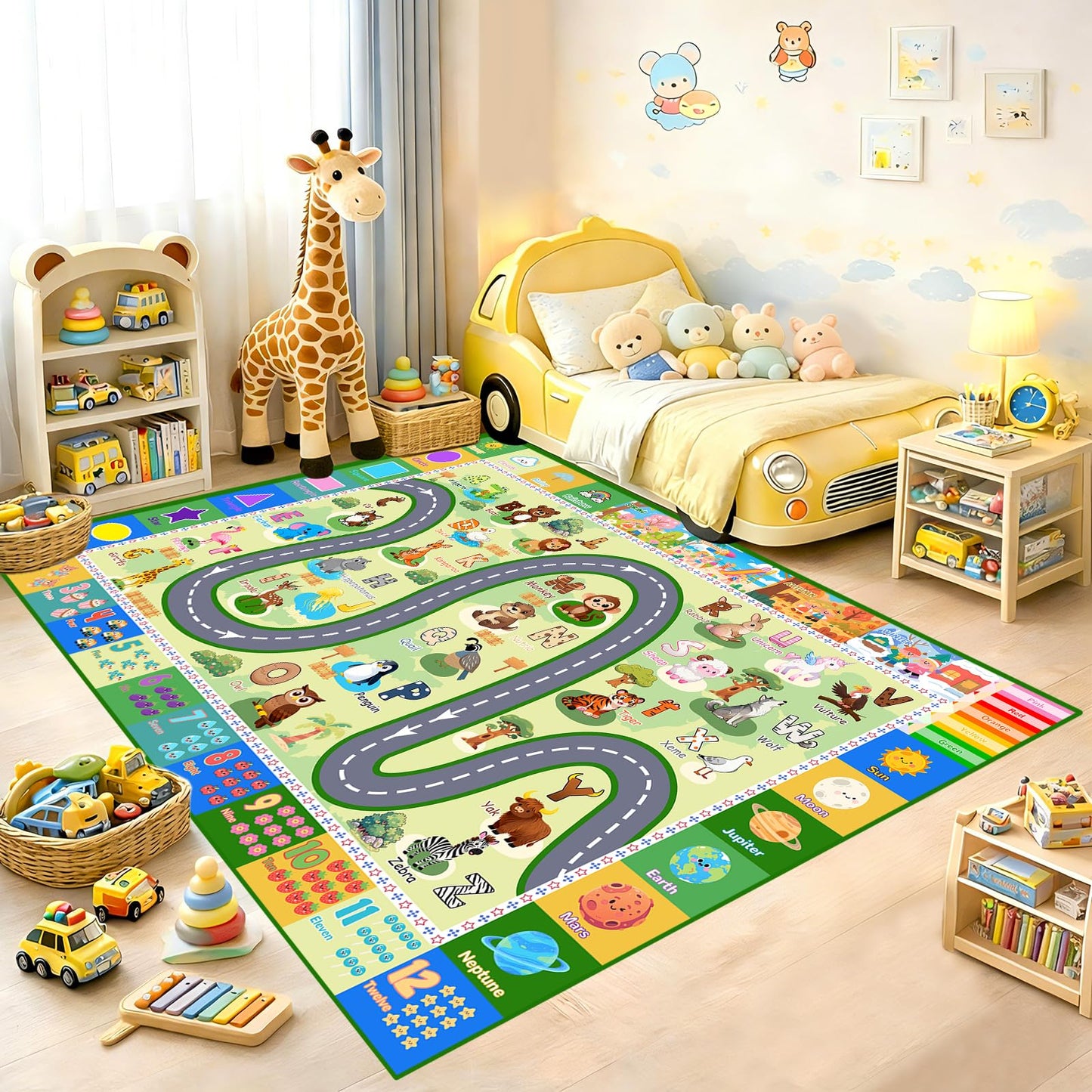FJKJHKGJ ABC Rugs for Kids Playroom, 3x5 Feet Learning Rug for Kids Room with Car Track & Animals, Non-Slip Educational Floor Mat for Toddler Nursery Classroom, Green
