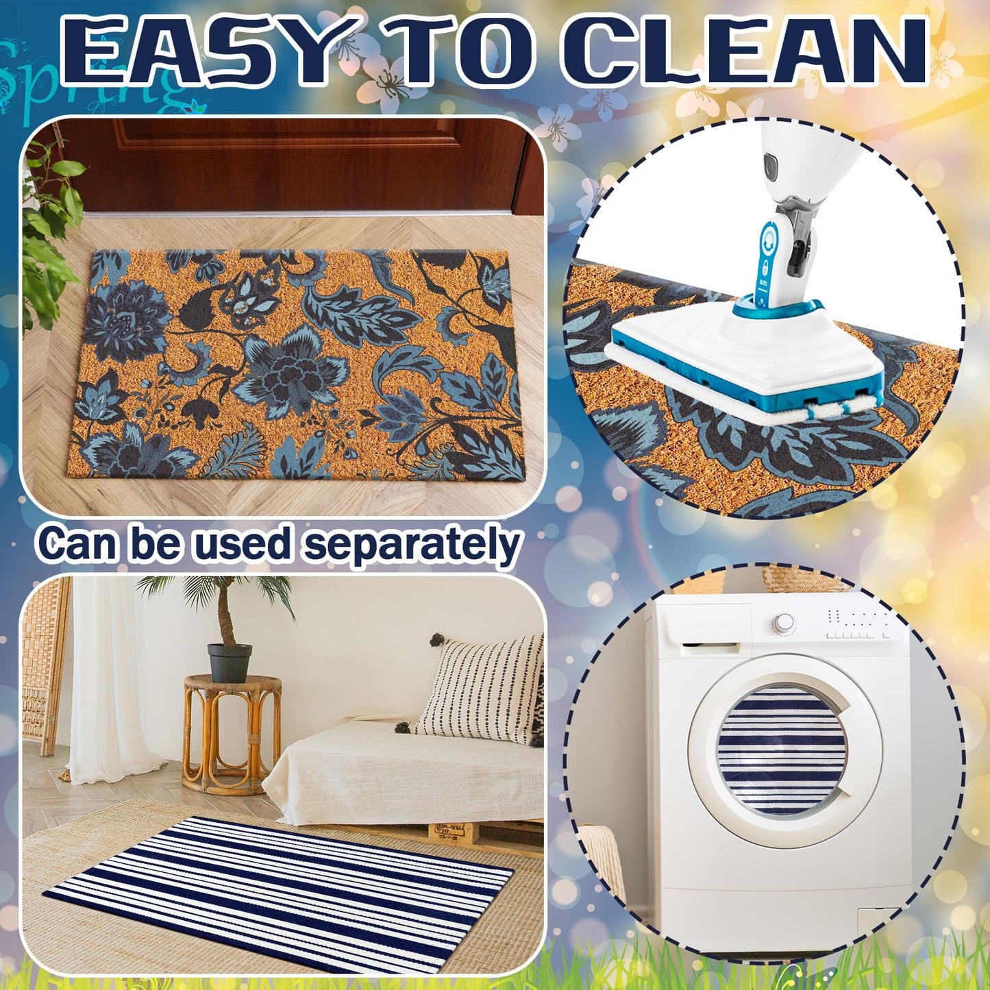 Moucuny 2 Pcs Navy Blue Coir Doormat Outdoor Navy Blue and White Checked Rug Doormats Indoor Outdoor Rugs for Layered Front Door Mats, Porch, Kitchen, Farmhouse, Entryway