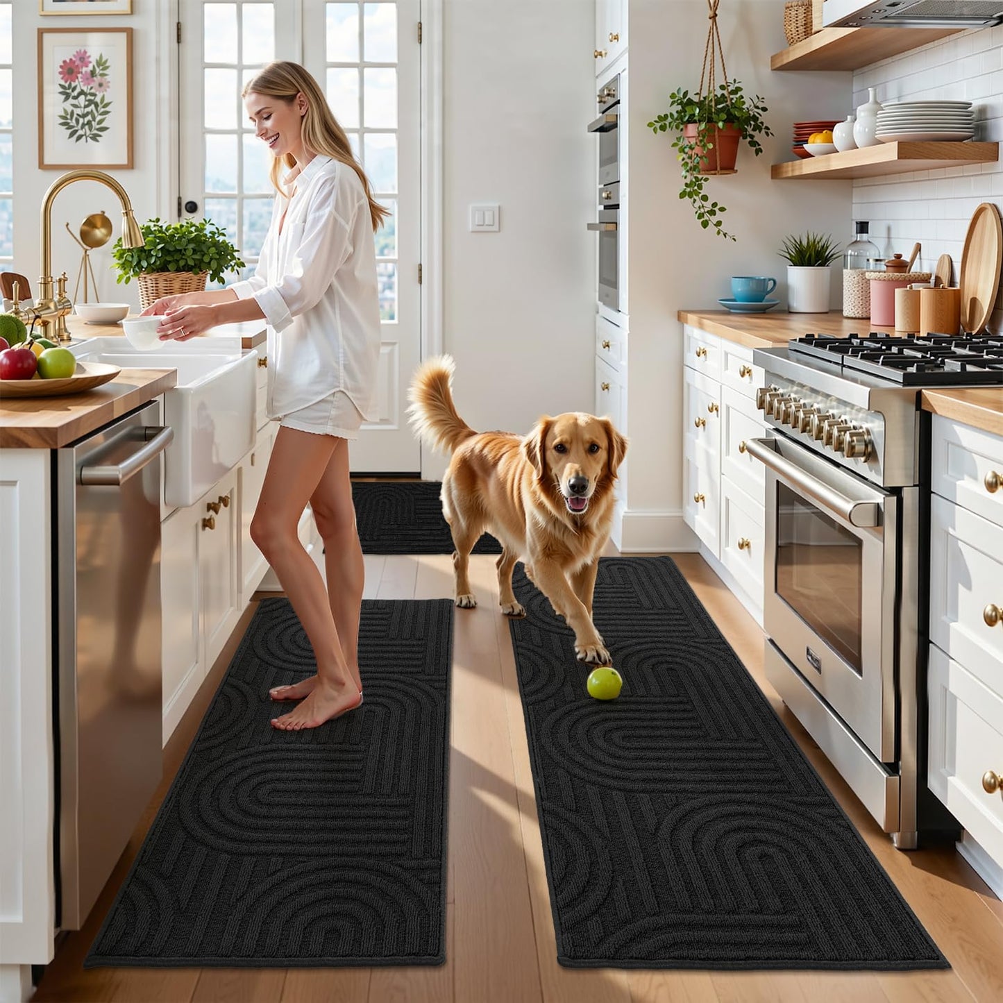U'Artlines Kitchen Rugs and Mats Set of 3, Non Skid Washable Black Geometric Kitchen Mats for Floor, Absorbent and Stain Resistant Floor Mat for Laundry, Sink Decor 20x32+20x48+20x59