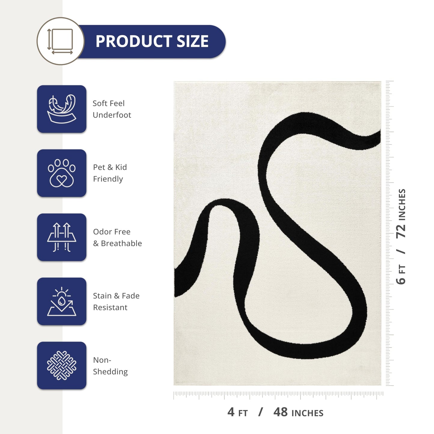 Abani Black and Cream Area Rug | 4' x 6' White Abstract Swirl Wave Carpet | Beige/Ivory Geometric Wave Design | for Living Room, Bedroom and Office | Medium Pile