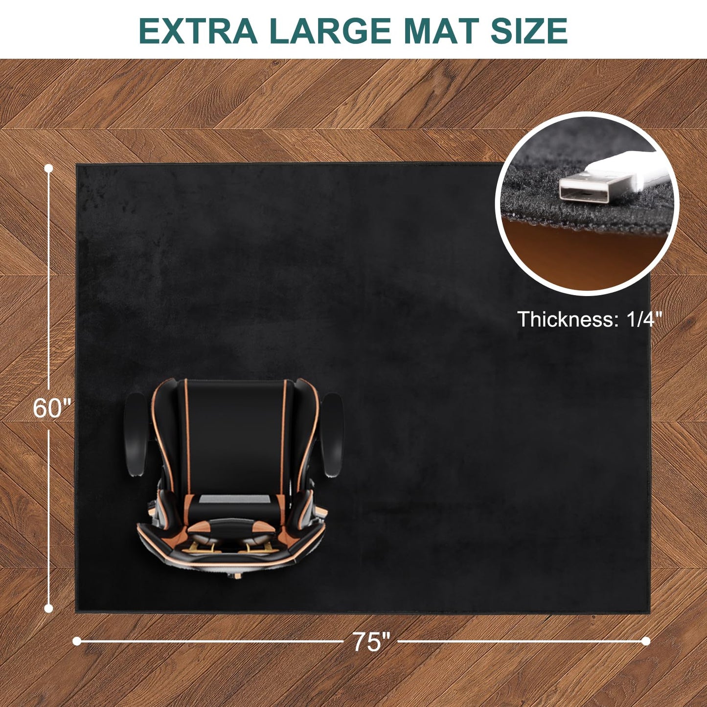 QQpony Office Chair Mat, 75" x 60" Large Chair Mat for Hard Floors, Flannel Fabric Area Rug for Hard Surface, Floor Protector Under Desk Mat for Home Office (Black)