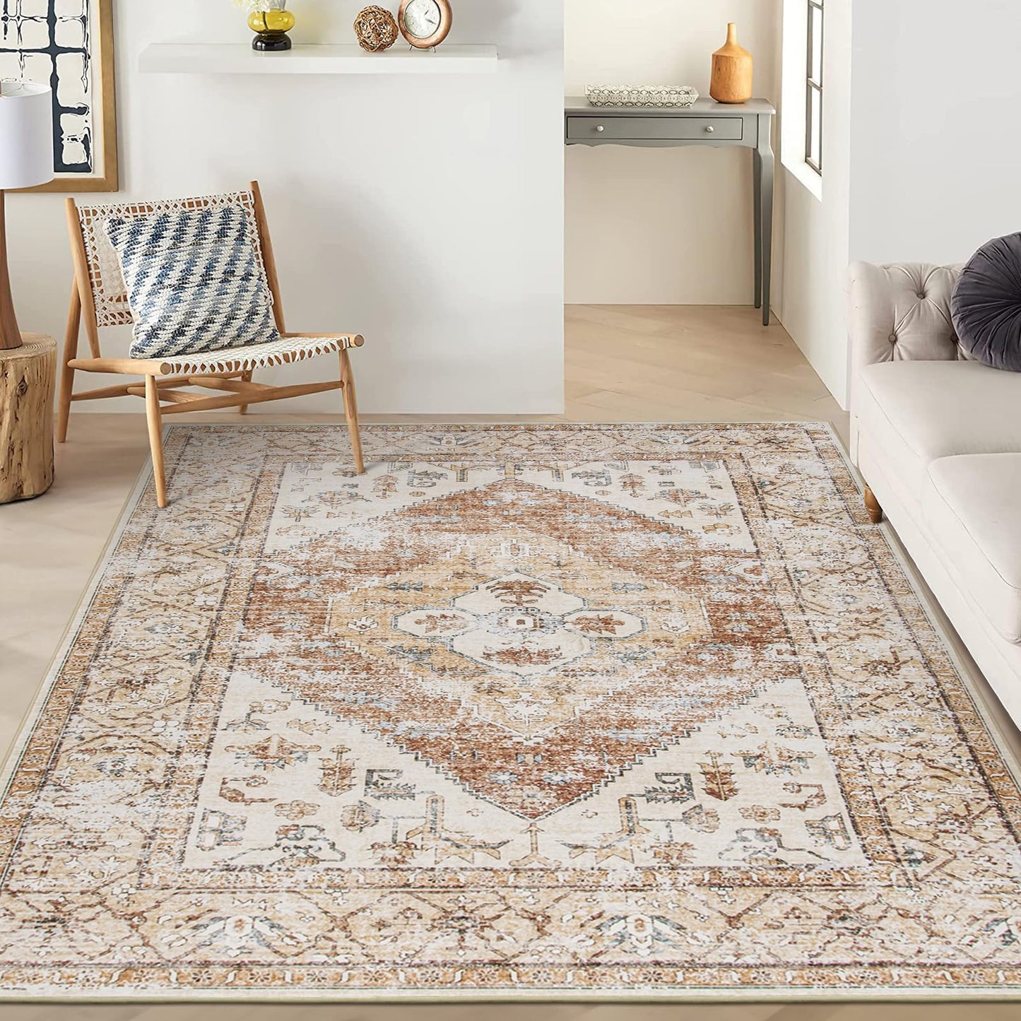 Lahome 5x7 Boho Machine Washable Area Rug Non-Slip Lightweight Low-Pile Oriental Distressed Print for Living,Bedroom,Office Adelyn