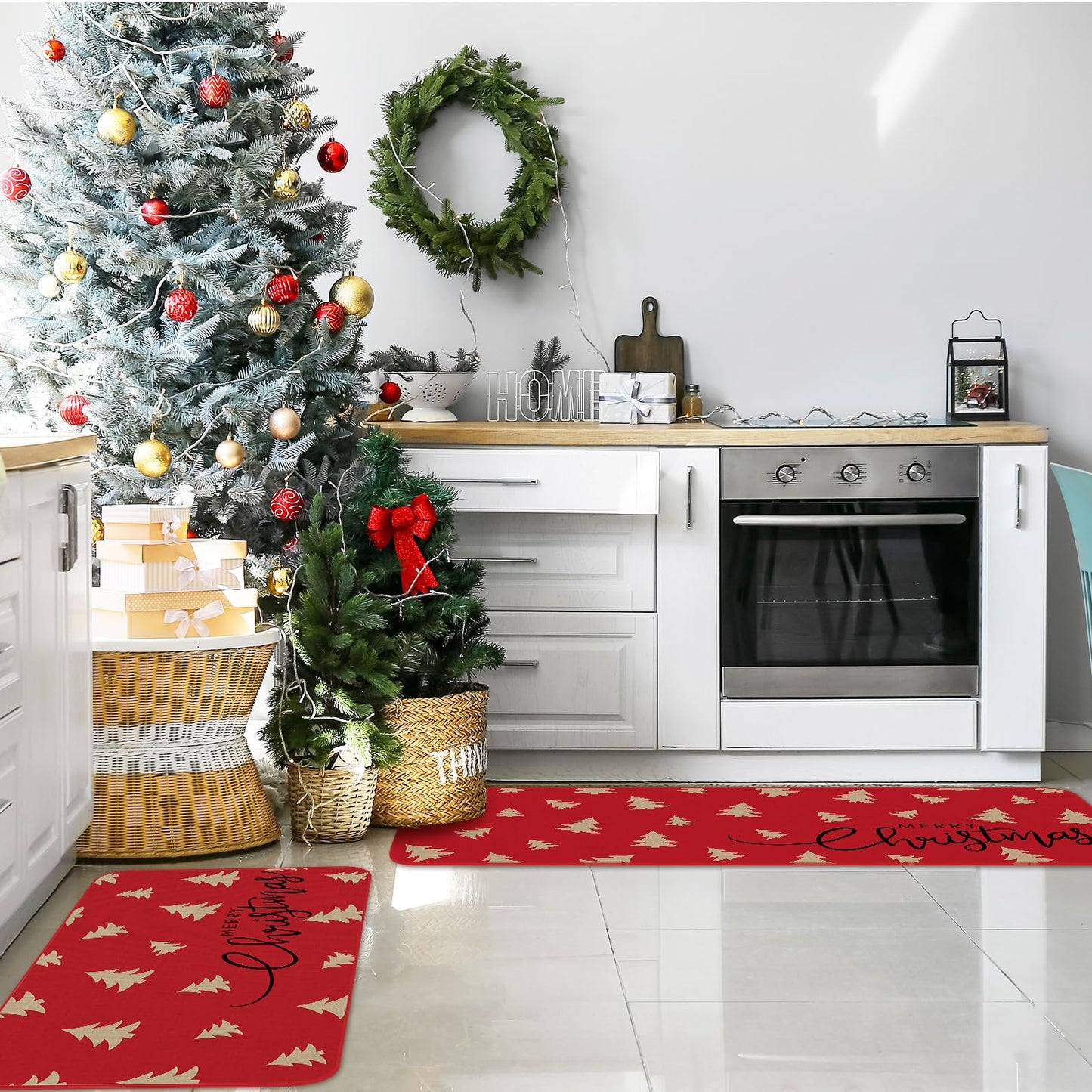 FYSUIMU Christmas Kitchen Rugs Set of 2 Merry Christmas Kitchen Mat Floor Mats Non-Slip Red Beige Xmas Tree Door Rugs for Xmas Winter Holiday Home Decor, 17 x 29 in, 17 x 47 in