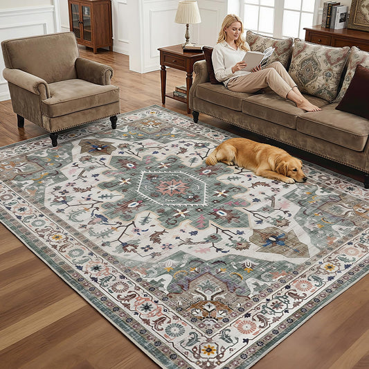 HOOBRO Washable Rug 6 x 9 Area Rugs for Living Room, Non-Slip Stain Resistant Rug, Low Pile Soft Rug Indoor Large Carpets Pet Friendly Mat, for Bedroom Kitchen Dining Room, Vintage Green GN04AR01