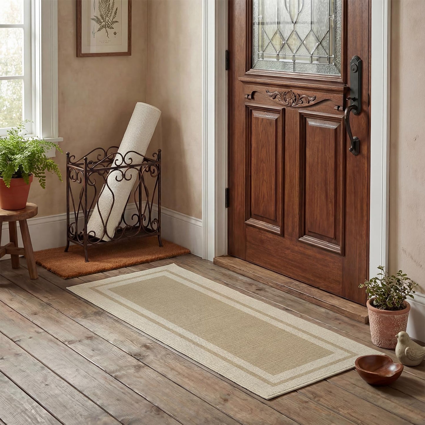 Artoid Mode Beige Absorbent Rectangle Non-Skid Doormat, Home Mats Non Slip Washable Natural Rubber Back Door Mat Floor Mat for 17x47 Inch