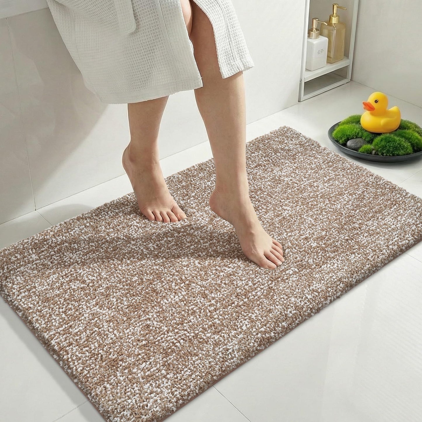 Yimobra Cushioned Anti-Fatigue Bathroom Rug, Bath Mat Non Slip Washable, Dense Soft Microfiber for Bathroom Sink, Shower, Tired Feet Comfort, Absorbent, 36" X 24", Brown and White