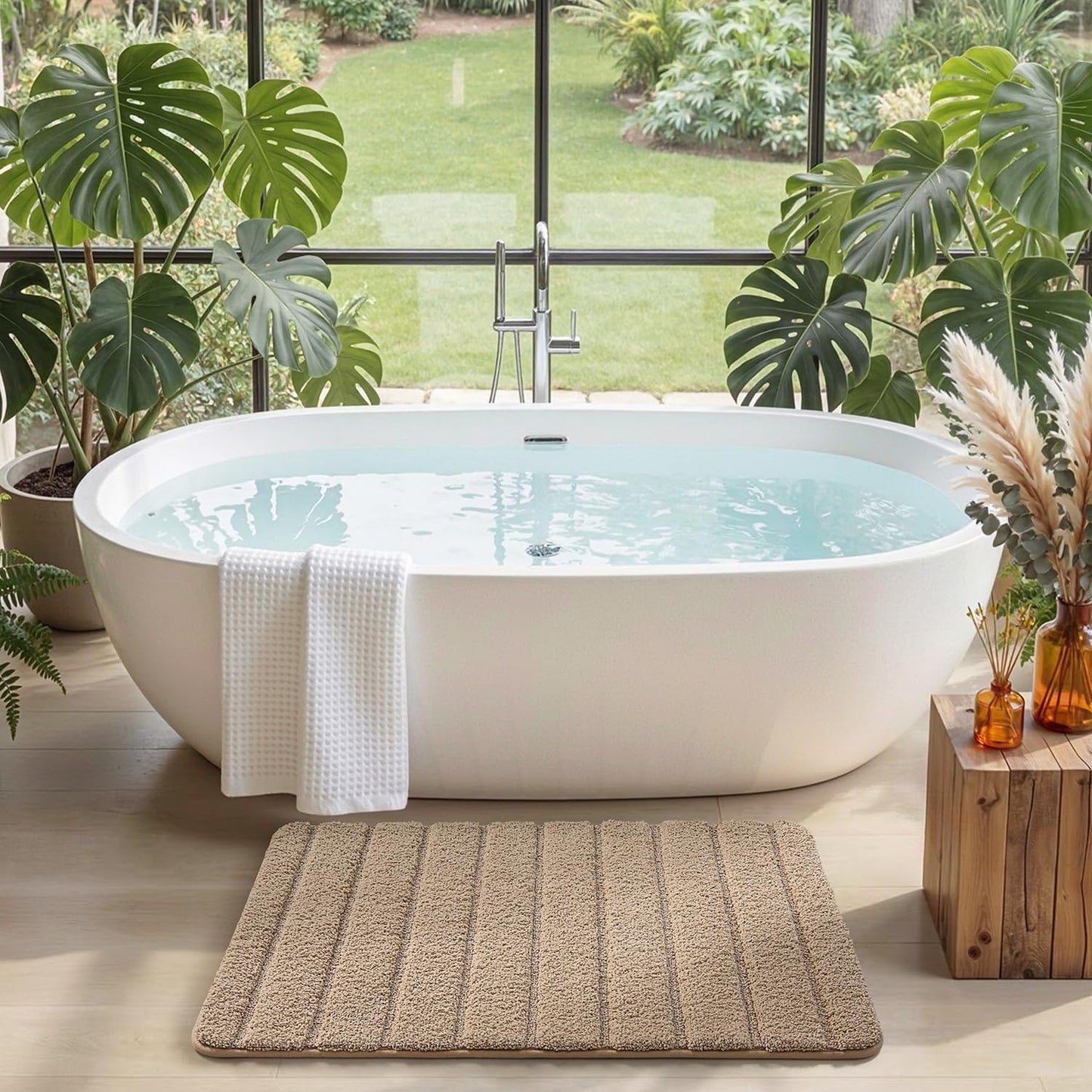 DEXI Bathroom Rugs 24x36, Machine Washable Non Slip Bath Mat, Soft Microfiber Absorbent Quick Dry Bath Rugs for Shower Floor, Sink, Tub, Beige
