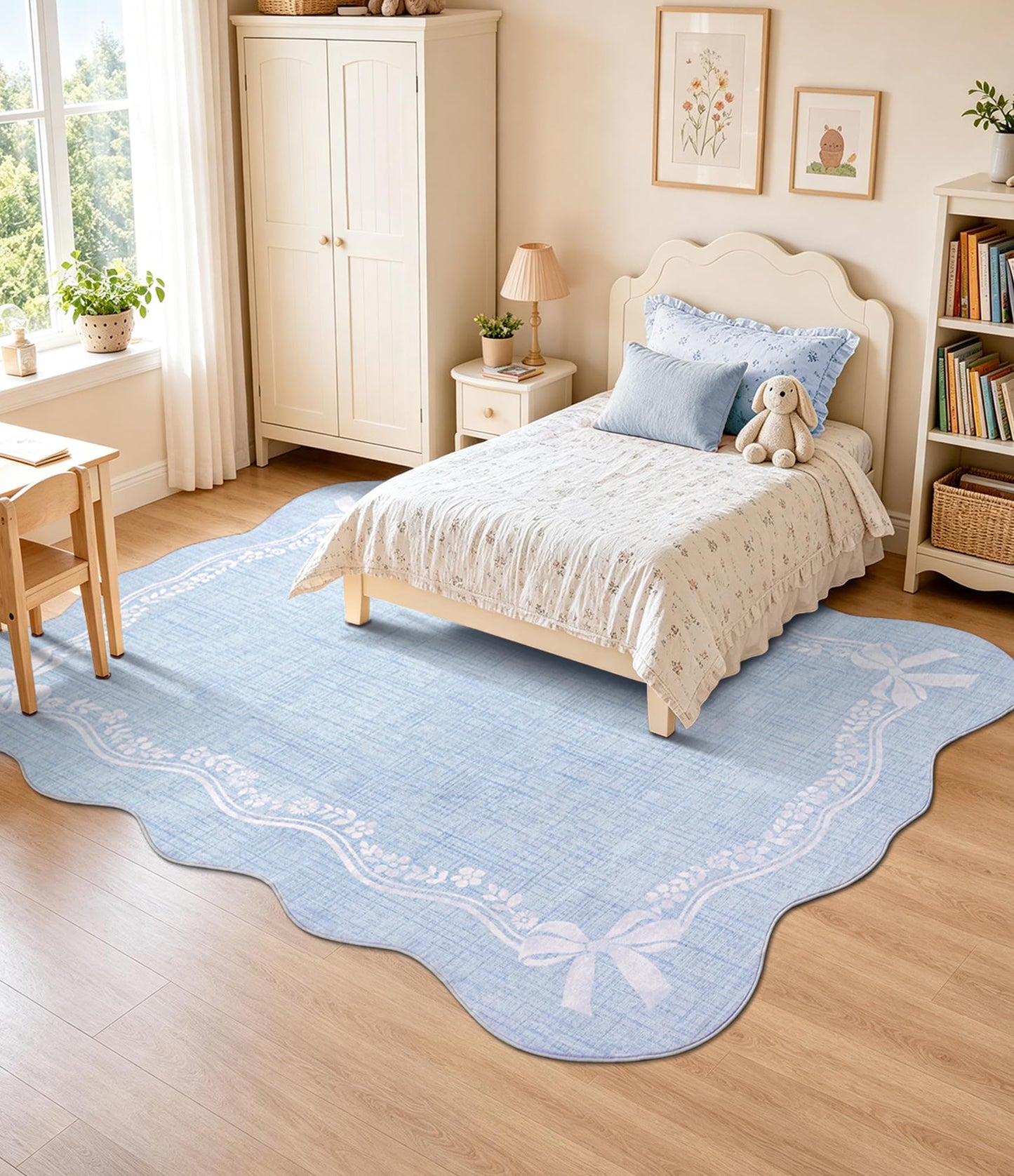 YIHOUSE 5'x7' Area Rug Blue Bow Scalloped Nursery Rug, Cute Princess Girls Bedroom Rug Washable,Non Slip Soft Low Pile Floral Border Carpet for Living Room Family Room Bedroom Standard Space