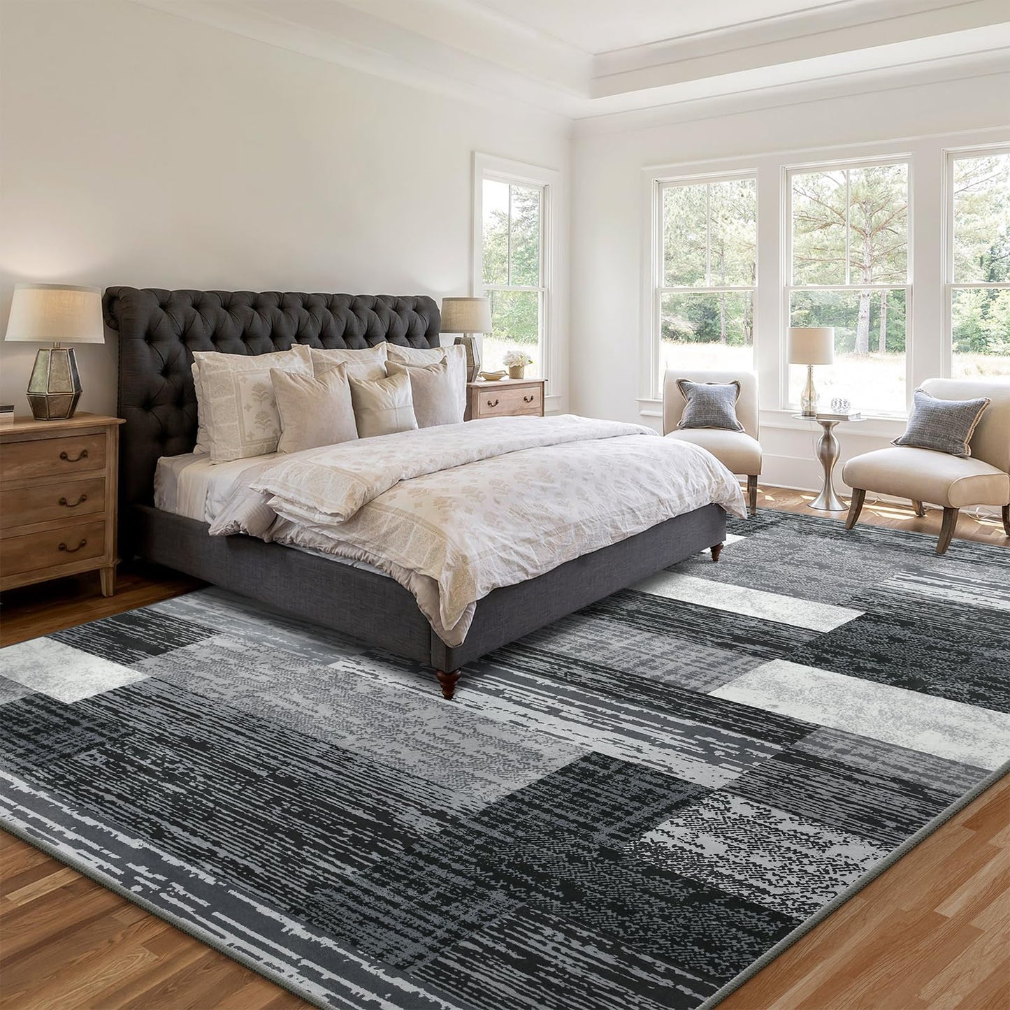 Large Area Rugs,Modern Geometric Patchwork Floor Decor for Bedroom Aesthetic Carpet, Rockwood Collection, Indoor Rugs for Living Room, Dining Room, Nursery, Office, Machine Washable Rug,5x8 Ft Grey