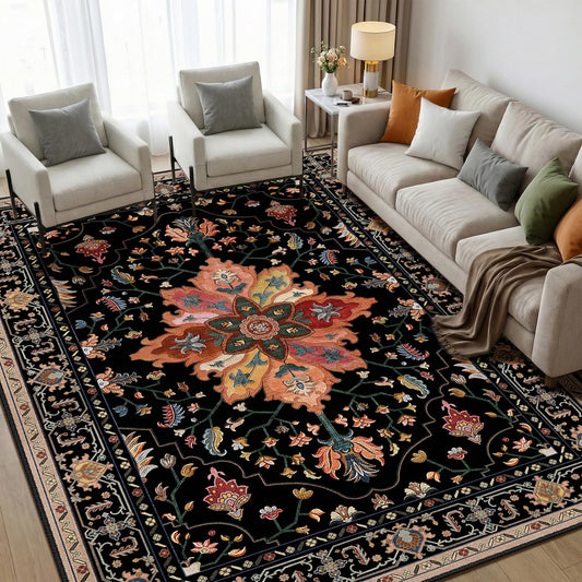 RELEANY Area Rugs 5'x7' Washable Non-Slip, Floral Vintage Distress Medallion Carpet for Living Room Bedroom Dining Room, Black Colorful Floral Dark Tan