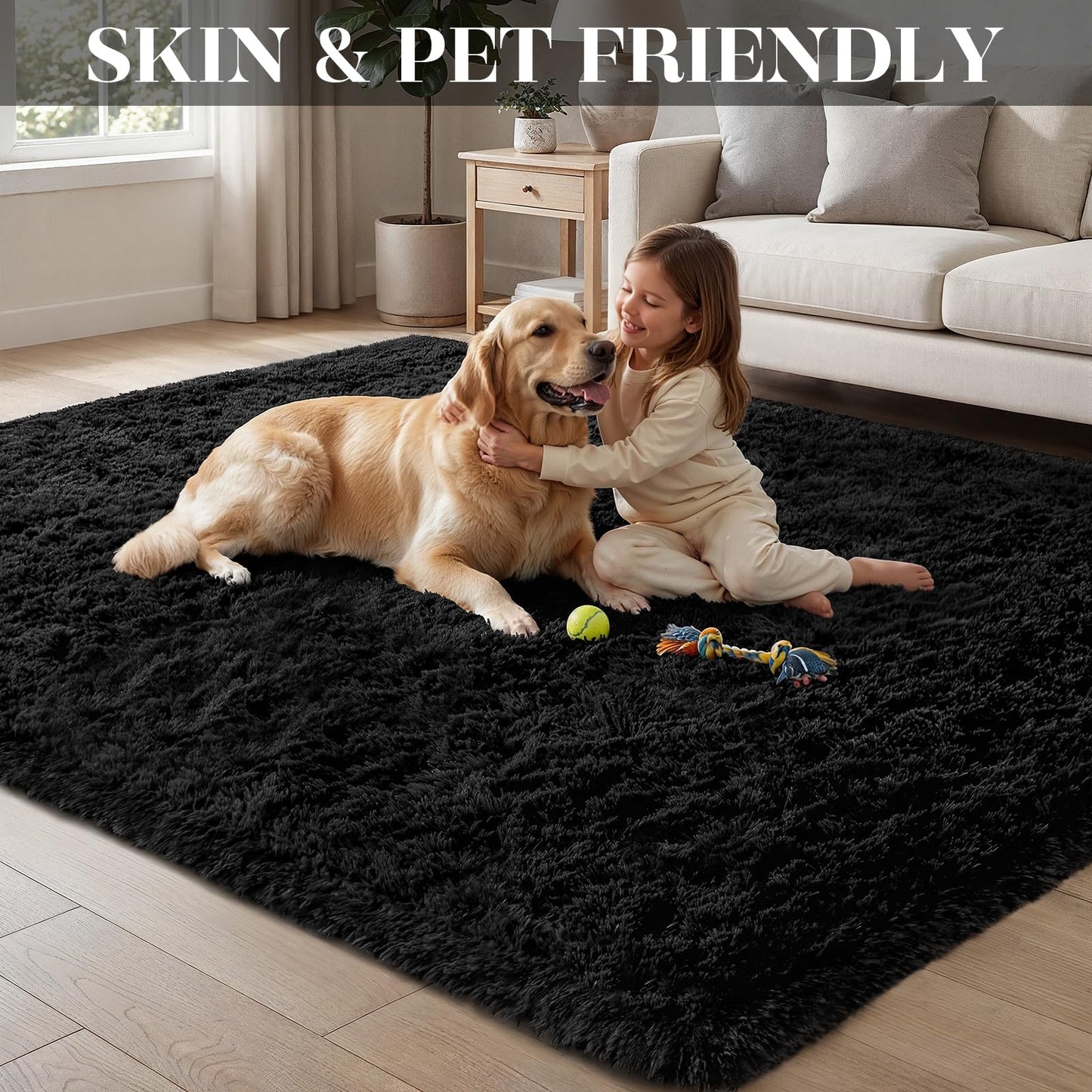 Area Rugs 9x12 Living Room Bedroom: Soft Fluffy Shag Rugs Upgrade Non-Slip High Pile Carpet Large Fuzzy Plush Indoor Floor Shaggy Carpets for Nursery Kid Playroom Office Dorms Home Decor Black
