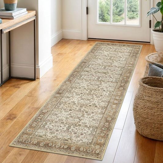 SIILOOM 2x6 Washable Runner Rug for Hallways, Beige Brown Soft Vintage Tribal Kitchen Rugs with Non-Slip, Non-Shedding Tribal Floral Rug for Bedroom Kitchen Porch Laundry Entryway