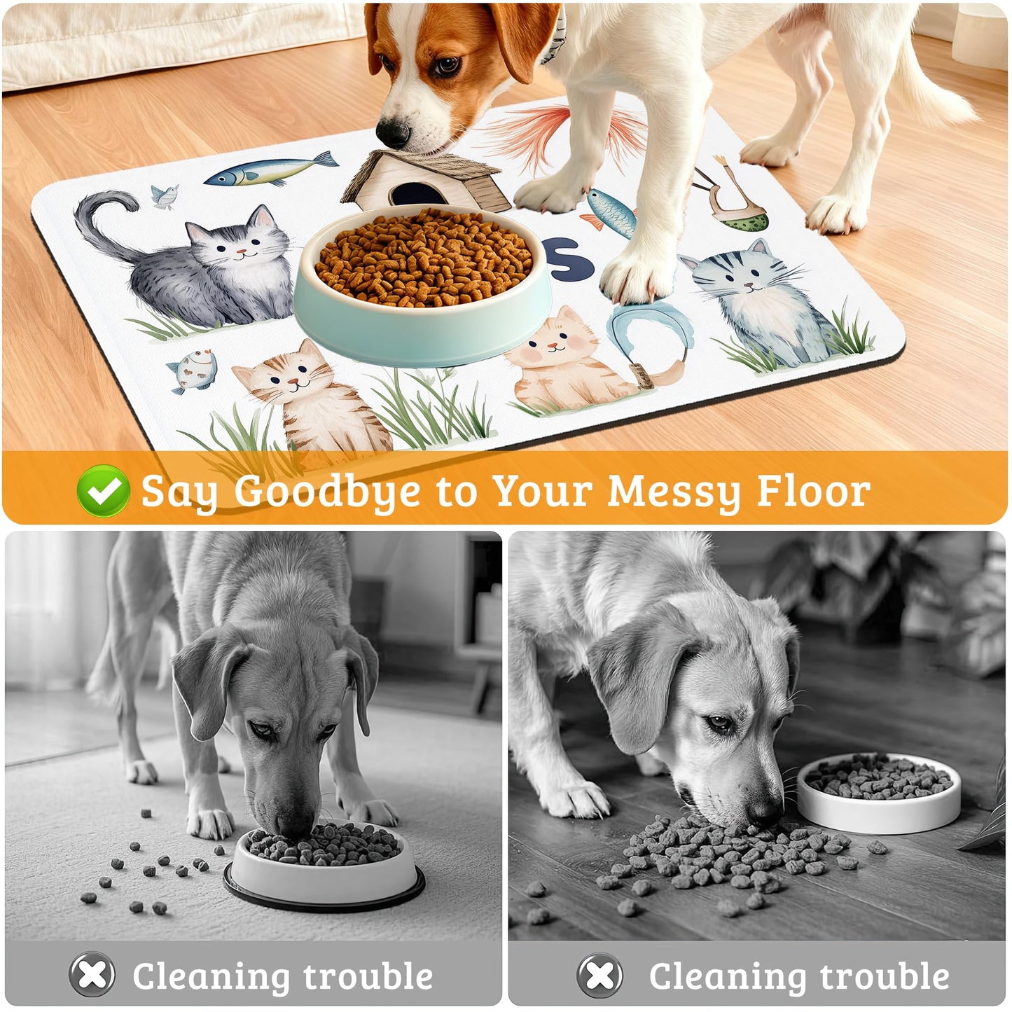 Cats Dog Food Mat,Cute Fun Absorbent Pet Feeding Mat for Food and Water Bowl,Quick Dry Dog Placemat Non Slip Rubber Backing Waterproof Pet Supplies 12" x 20"