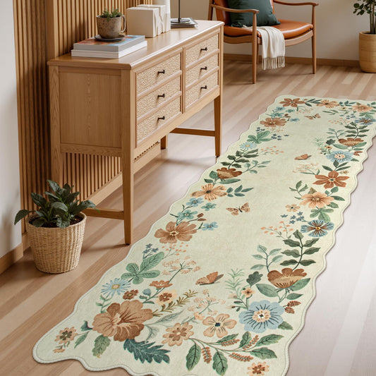 Lahome Floral Washable Runner Rug, 2'6''x8' Soft Hallway Rug Non Slip, Boho Ultra-Thin Kitchen Runners for Hallways with Rubber Backing Carpet for Laundry Bedroom Bathroom Flore (Beige)
