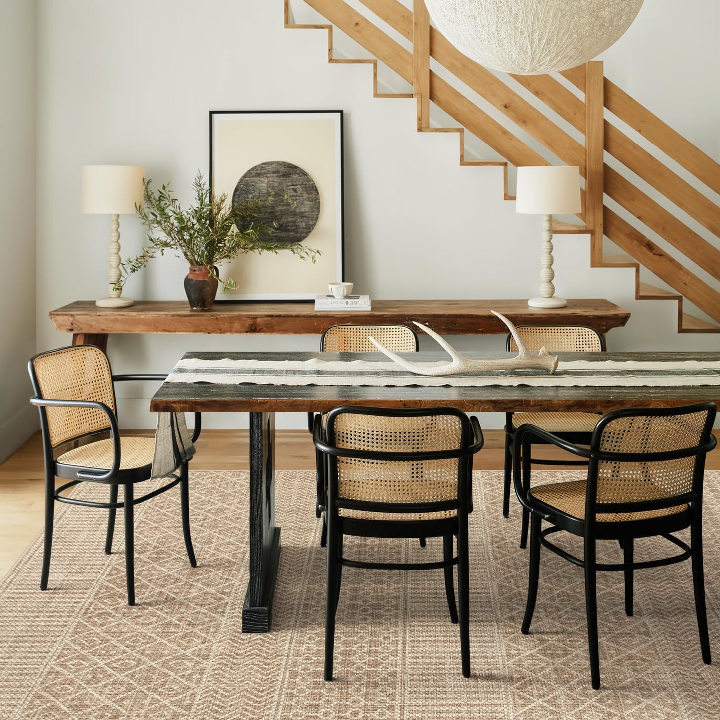 Lahome Farmhouse Geo 5x7 Rug, Beige, Ultra-Thin, Non-Slip, Machine Washable, Modern, Rectangular, Indoor, Boho, Moroccan, Bedroom, Dining Room, Living Room