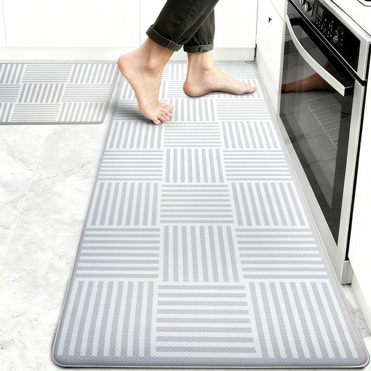 Kitchen Mats For Floor 2 Piece Cushioned Anti Fatigue Kitchen Plaid Rugs Set Non Slip Waterproof Comfort Foam Standing For Laundry,Desk,Office,Bathroom,Apartment Decor,17.3"X29"+17.3"X47",Grey