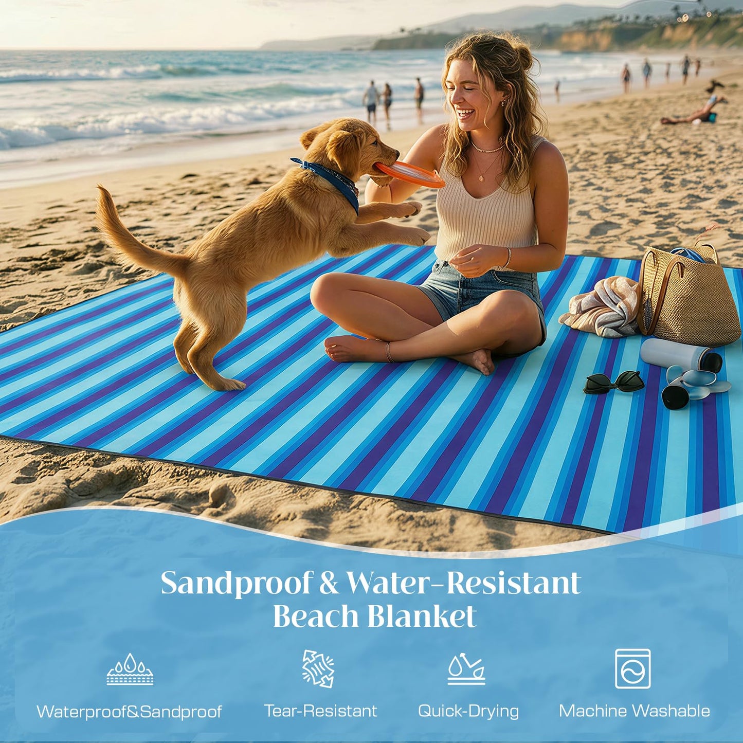 Beach Blanket Waterproof Sandproof - Oversized Extra Large Beach Mat for 3-4 People, Lightweight Sand Free Mat for Summer Vacation with 6 Stakes & 4 Corner Pockets for Beach, Camping 7x7ft Blue Stripe