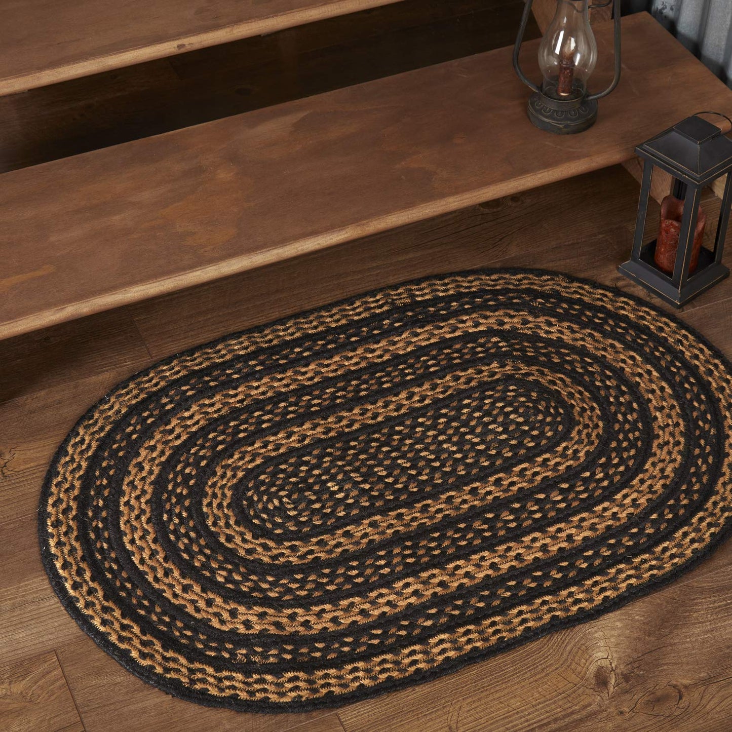 VHC Brands Farmhouse Primitive Jute Black Striped Accent Rug Oval w/Floor Pad 24"x36"