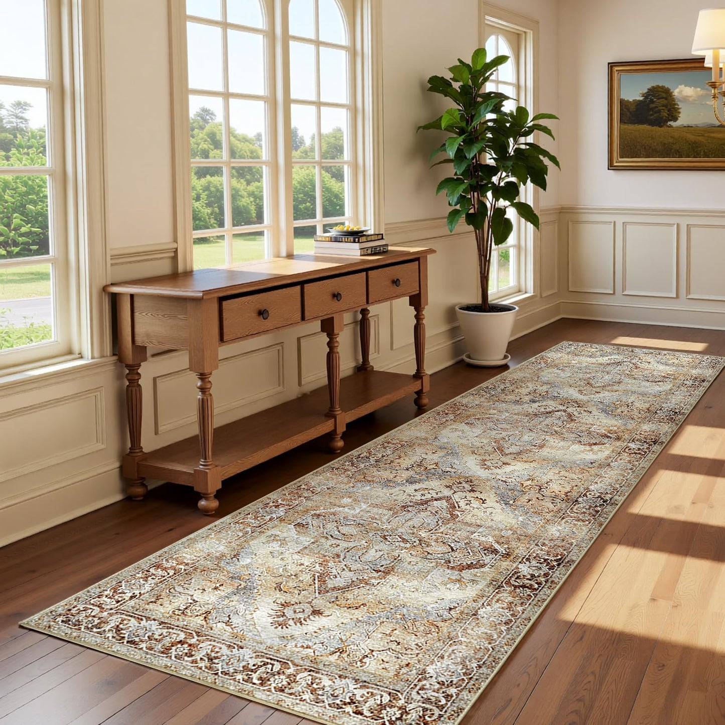 jinchan Hallway Rug 3x10 Runner Rug for Kitchen Entryway Stairway Bedroom Laundry Room Vintage Washable Non-Slip Thin Chenille Retro Lightweight Long Rug Warm Taupe
