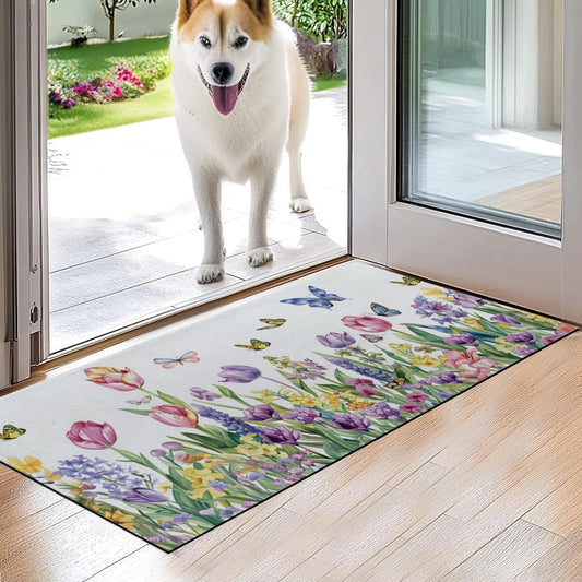 VODRM Spring Tulip Flower Indoor Door Mat,Colorful Butterfly Floor Doormat,17x29.5in,Non Woven Non Slip Rubber Backing Floral Rug for Porch Insider,Bedroom,Kitchen,Doormats Gifts,Rv Camper Decor