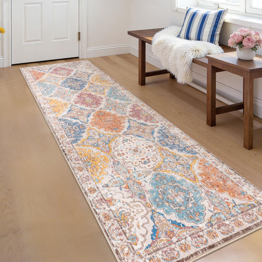 QDUIDU Moroccan 2x6 Runner Rug, Vintage Distressed Boho Floral Geometric Patchwork Washable Non Slip Throw Floor Long Carpet Runner for Hallway Entryway Kitchen Bathroom Bedroom Livingroom, Colorful