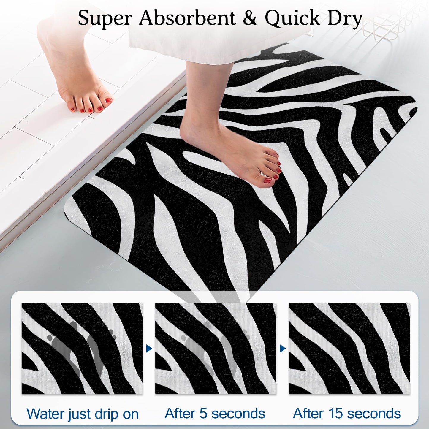 Elightvap Bath Mat Zebra Print Bathroom Rug,Soft and Non Slip Bath Rugs,Quick Drying Machine Washable Floor Mat 17 * 29.5 Inches for Shower Room,Bathtub,Kitchen Bathroom
