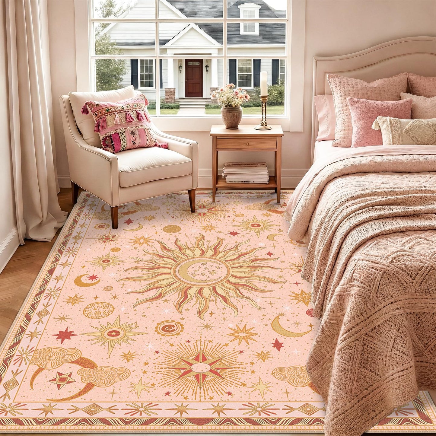 meejou 5x7 Area Rugs, Washable Vacuum-Friendly Non-Slip Rug Vintage Boho Gothic Sun and Moon Printed Pattern Low Pile Carpet for Living Room Bedroom Dining Room Hallway Entryway,Pink Gold Beige Red