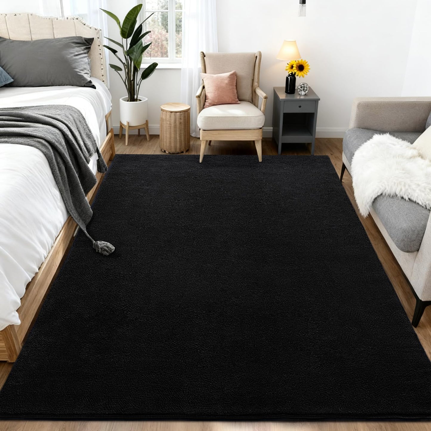 QDUIDU Large Area Rugs for Bedroom Living Room - 4x6 Feet Ultra Soft Black Rug Thickened with Memory-Foam, Solid Modern Minimalist Carpets for Home Decor, Non-Slip and Comfy Nursery Room Rugs
