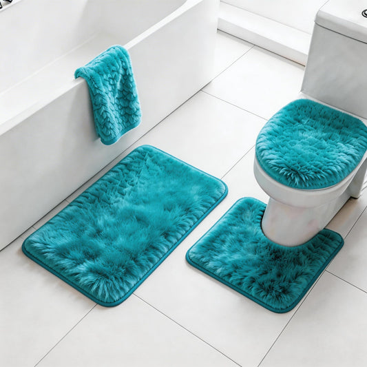 RUN HELIX Shaggy Bathroom Rugs Sets 3Piece Bath Mat for Bathrom Non-Slip Bathrom Mats Water Absorbent Bath Rug Floor Mats Soft Washable Shower Rug with U-Shaped Contour Rug Toilet Lid Cover Teal