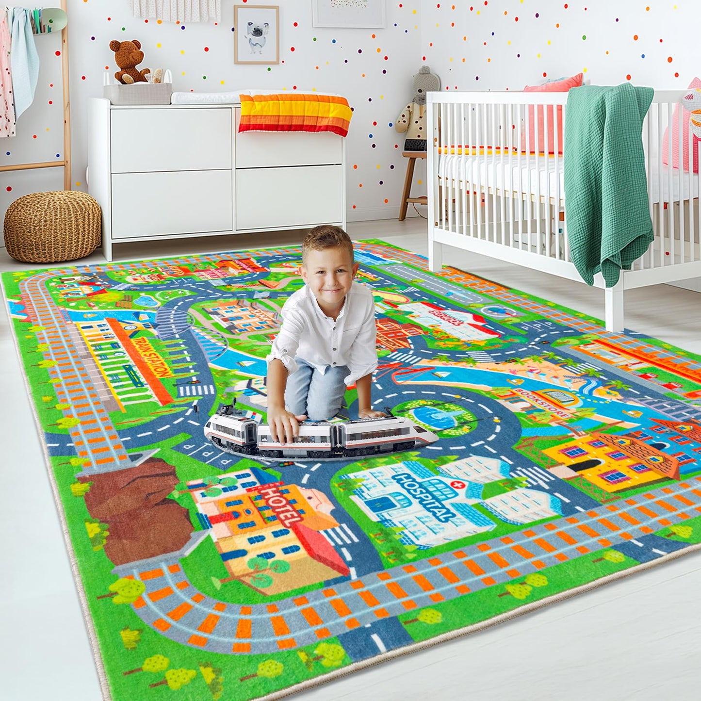 plumlik Car Rug Play Mat for Kids Toy Cars, Road Traffic Playmat for Kid Bedroom, Non-Slip Machine Washable Town City Race Track Carpet for Learn and Have Fun Classroom Rugs 4'x5'/ 48" x60