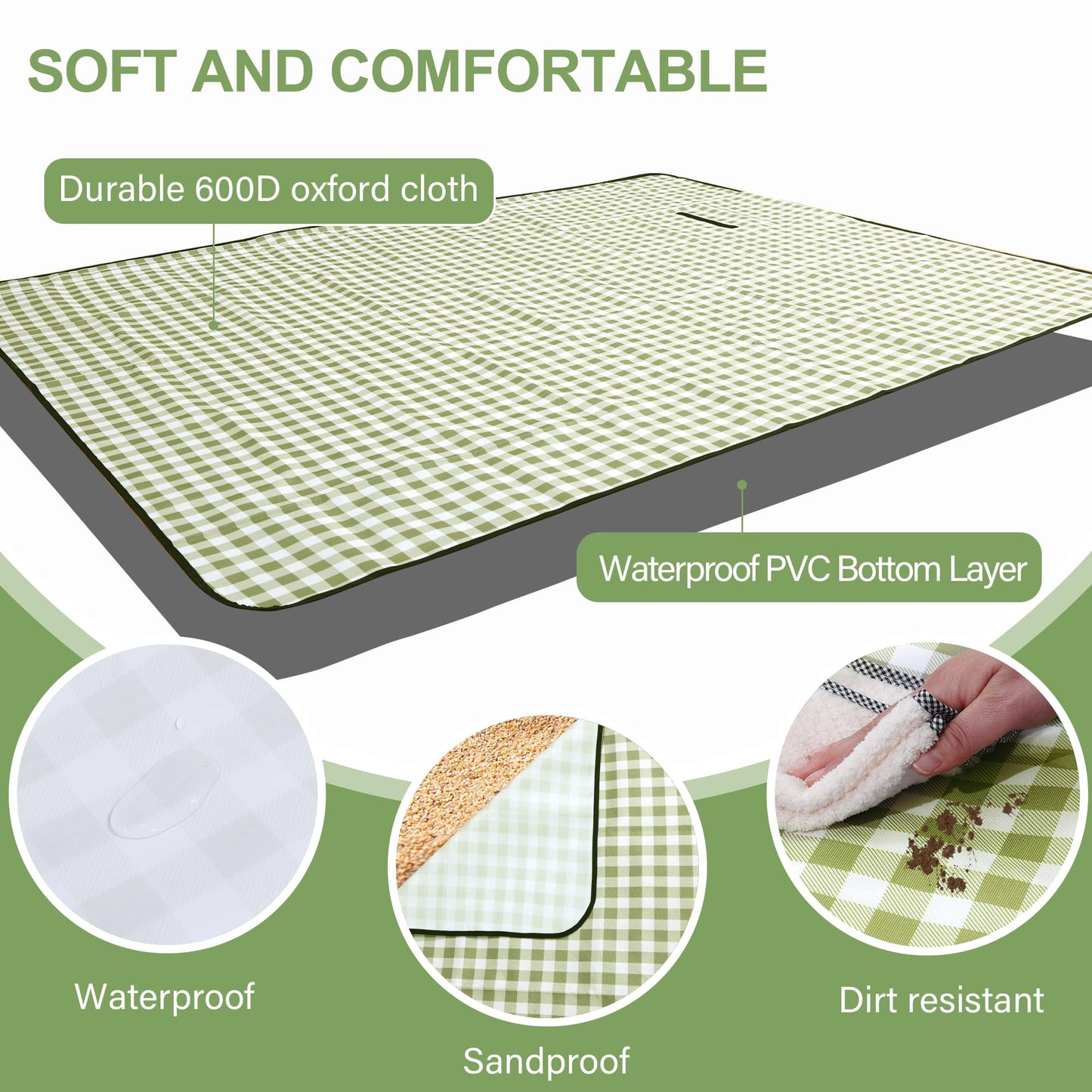 HX&OD Picnic Blanket Outdoor Extra Large Picnic Mat 80"X60" Camping Blanket Beach Blanket Foldable Waterproof Sand Mat Hiking Travel Family Concerts(Green)