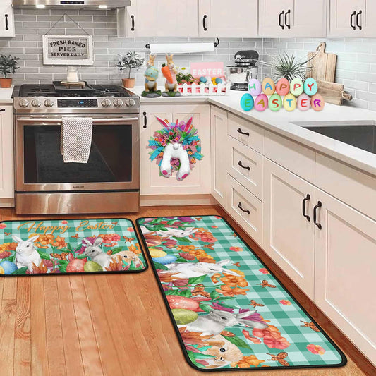 OUXIOAZ Happy Easter Flowers Eggs Bunny Rabbits Kitchen Rugs Set of 2, Spring and Summer Holiday Decorations for Home Kitchen 17"x47"+17"x30"