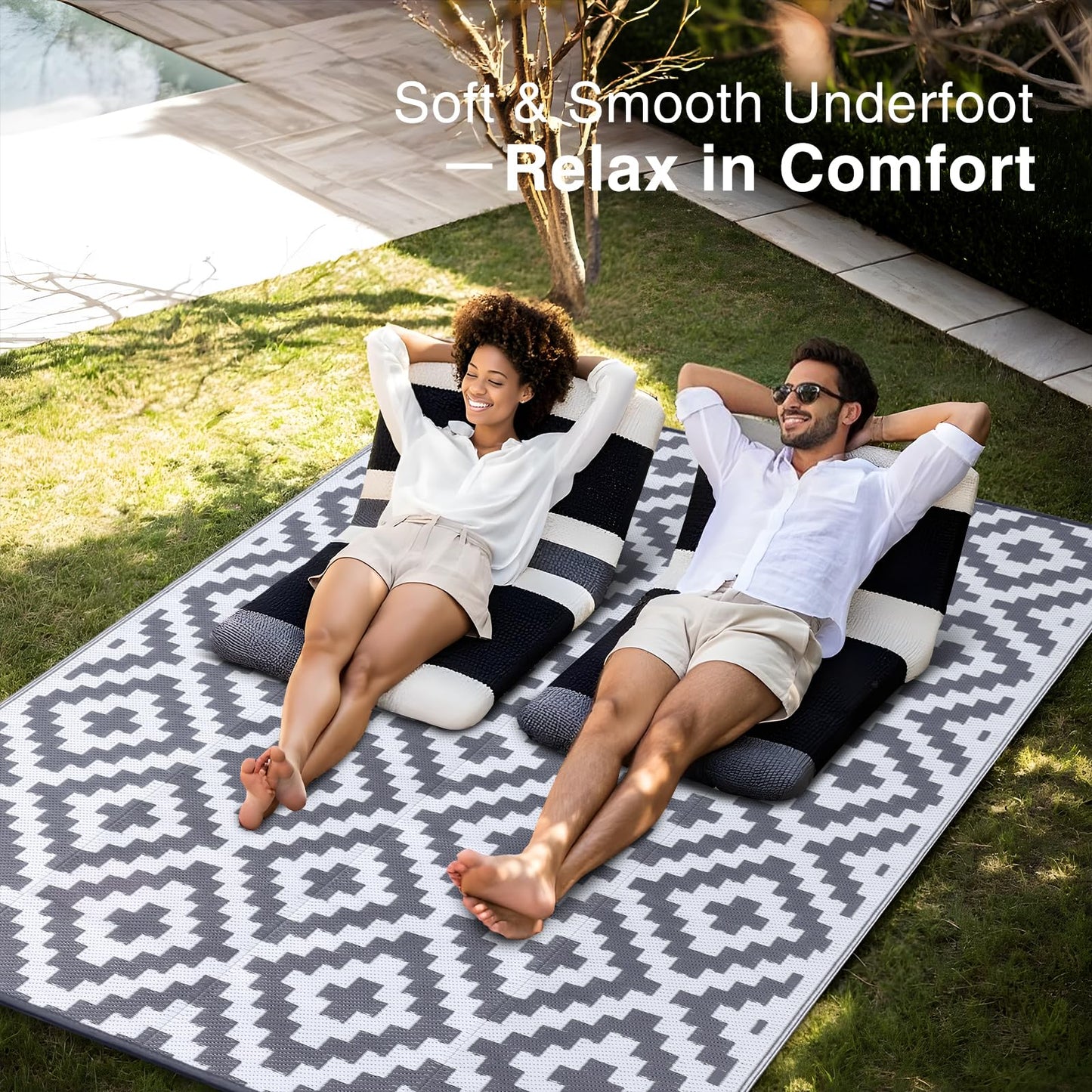 OLANLY Waterproof Outdoor Rug 6x9 ft, Outdoor Plastic Straw Rug for Camping, RV Mat Outside, Outdoor Carpet for Porch, Deck, Backyard, Balcony, Picnic, Grey & White
