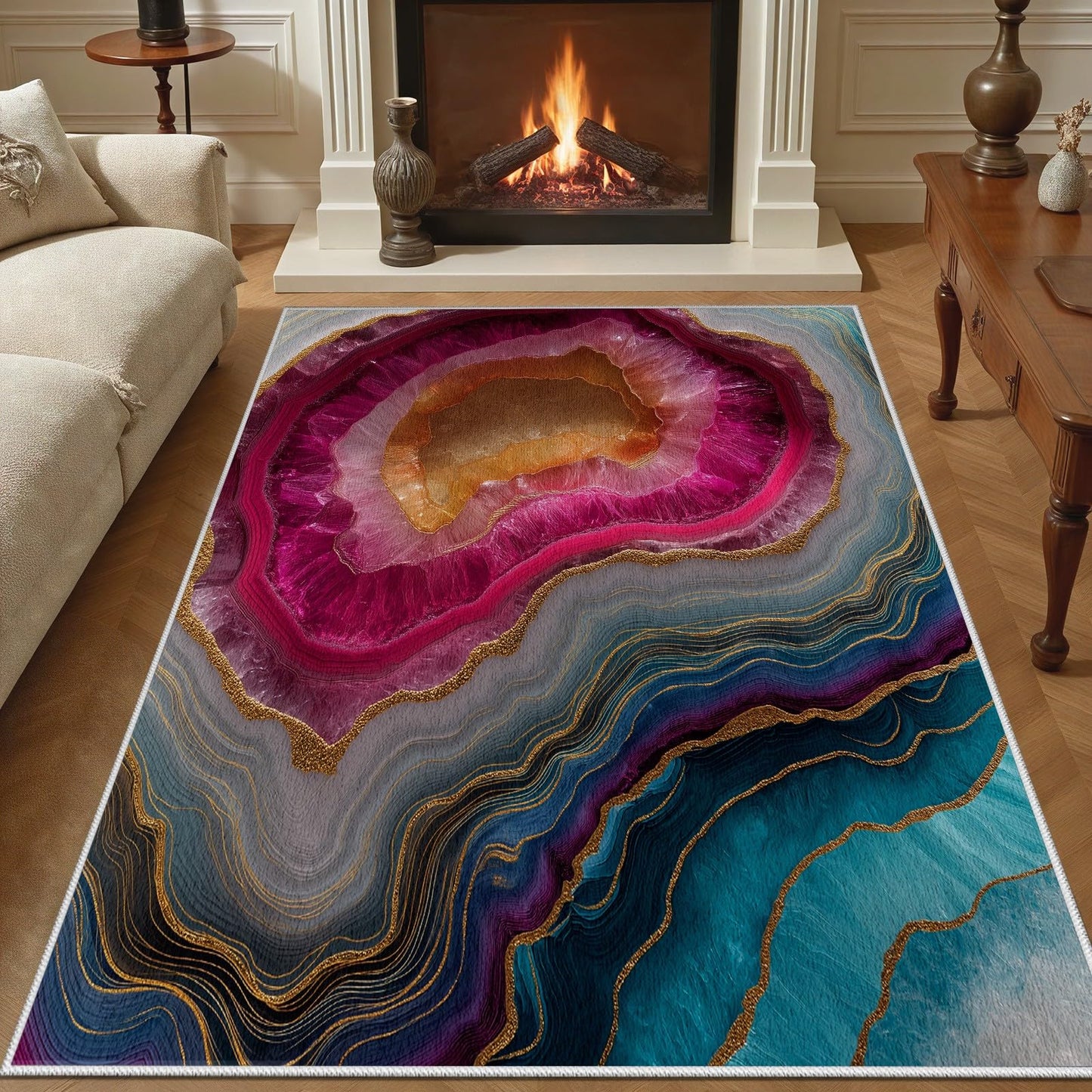 Abstract Agate Marble Area Rug, 3x4ft, Pink and Blue Geode Rug, Modern Luxury Gemstone Rugs, Low Pile Non-Slip Soft Washable Floor Mat Carpet for Living Room, Home Decor