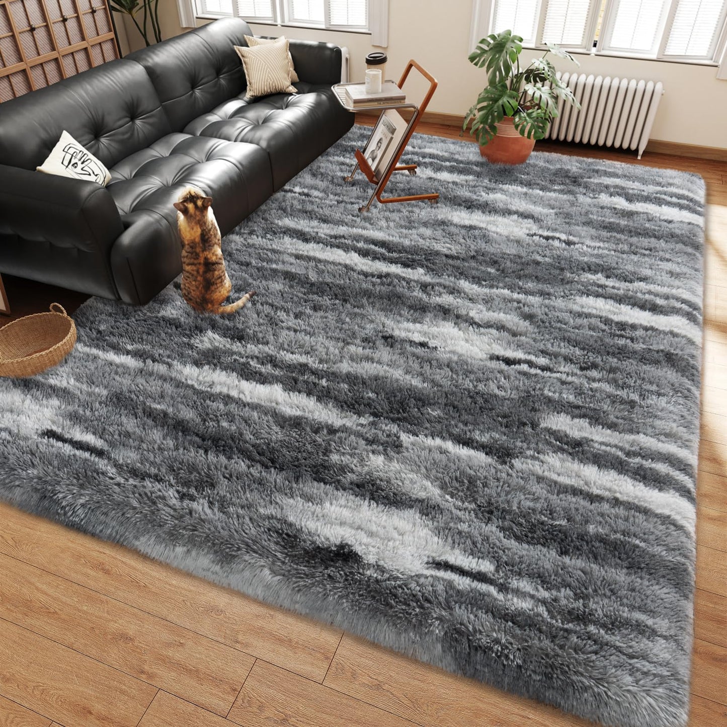 Ailyei Shag Rugs for Living Room 8x10, Ultra Soft Abstract Grey Big Fuzzy Rugs for Bedroom, 8 x 10 Fluffy Shaggy Plush Carpet Girls Kids Room Dorm Upgrade Non-Slip