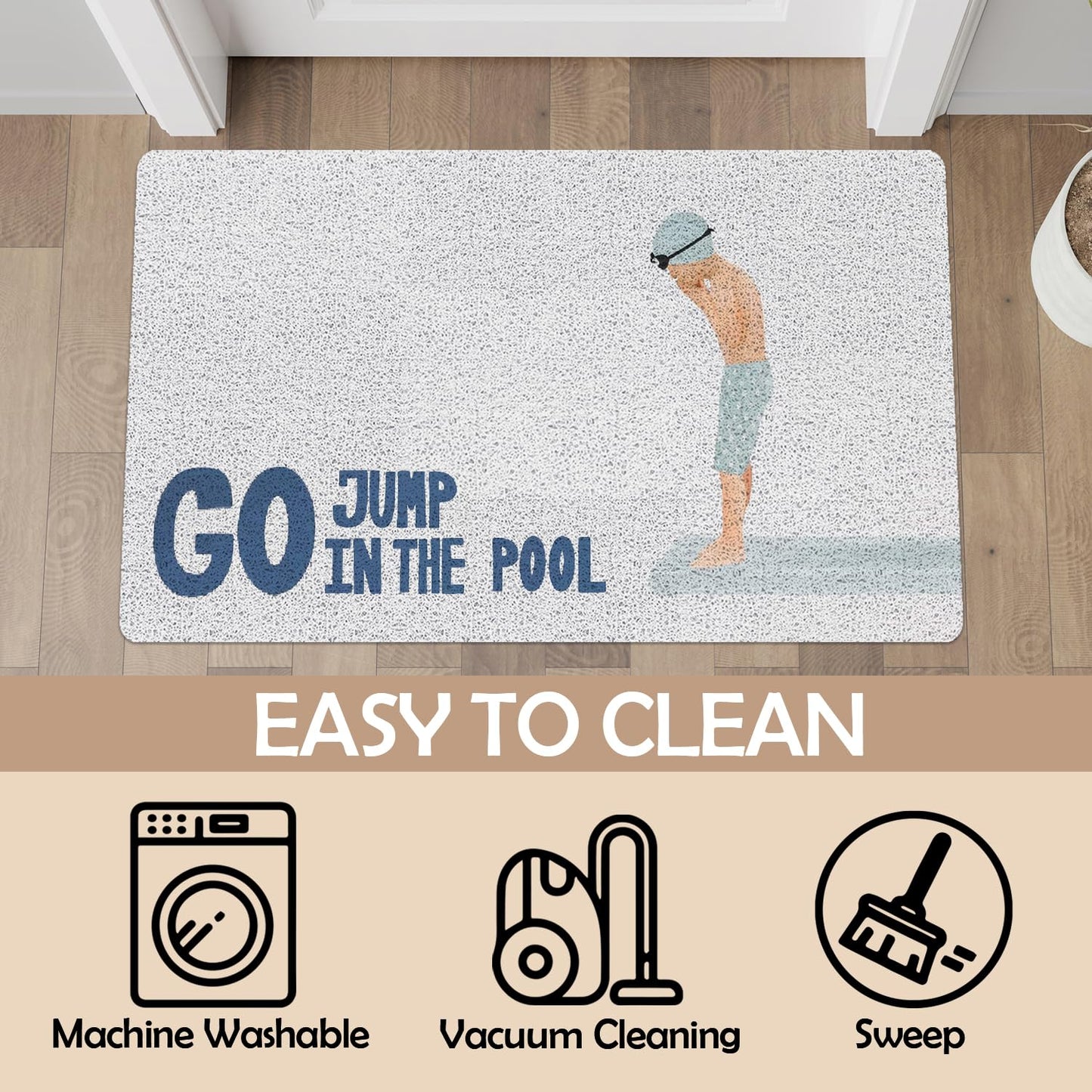 URLLUAE Coastal Beach Door Mat, Go Jump in The Pool Funny Blue Doormat Welcome Mats for Front Door Porch Outdoor Outside Entrance, Beach Bath Rug for Bathroom, 17x30 Inch
