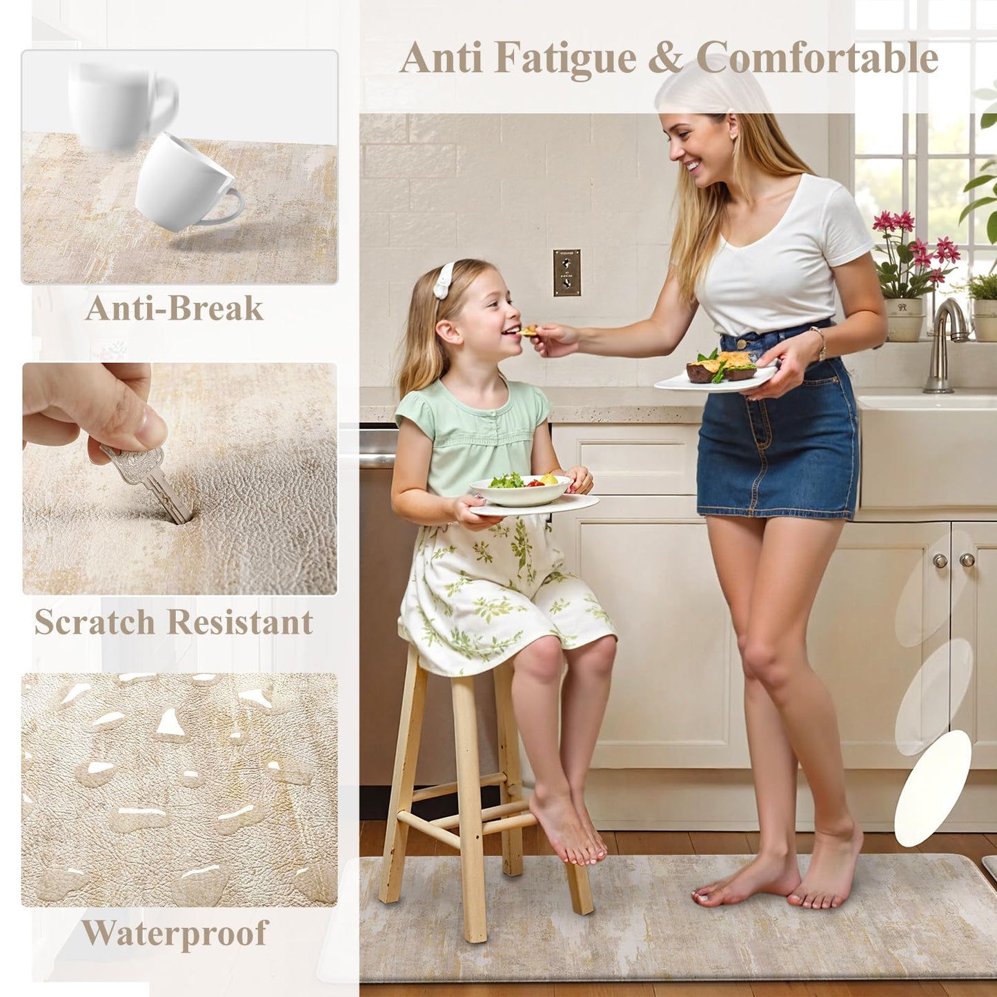 Collive Kitchen Mats Cushioned Anti Fatigue, Abstract Kitchens Floor Mat Non Slip Desk Rugs Waterproof, Beige Memory Foam Comfort Standing Rug for Sink, Home Decor, 17"x59"+17"x29"