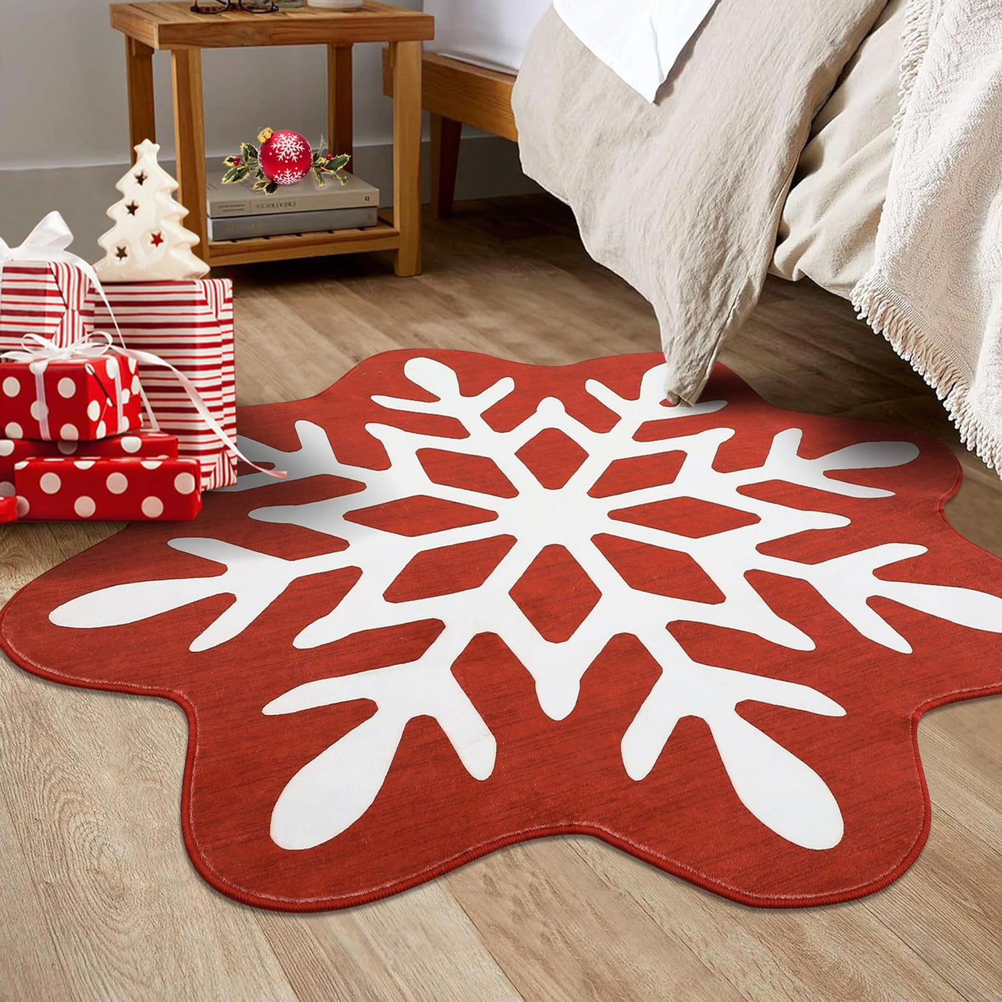 GarveeHome Christmas Round Rug Washable Area Rugs 3ft Circle Rug for Living Room Non Slip Soft Non Shedding Throw Rugs Low Pile Stain Resistant Room Decor Carpet for Dining Room Snowflake 3 ft x3'