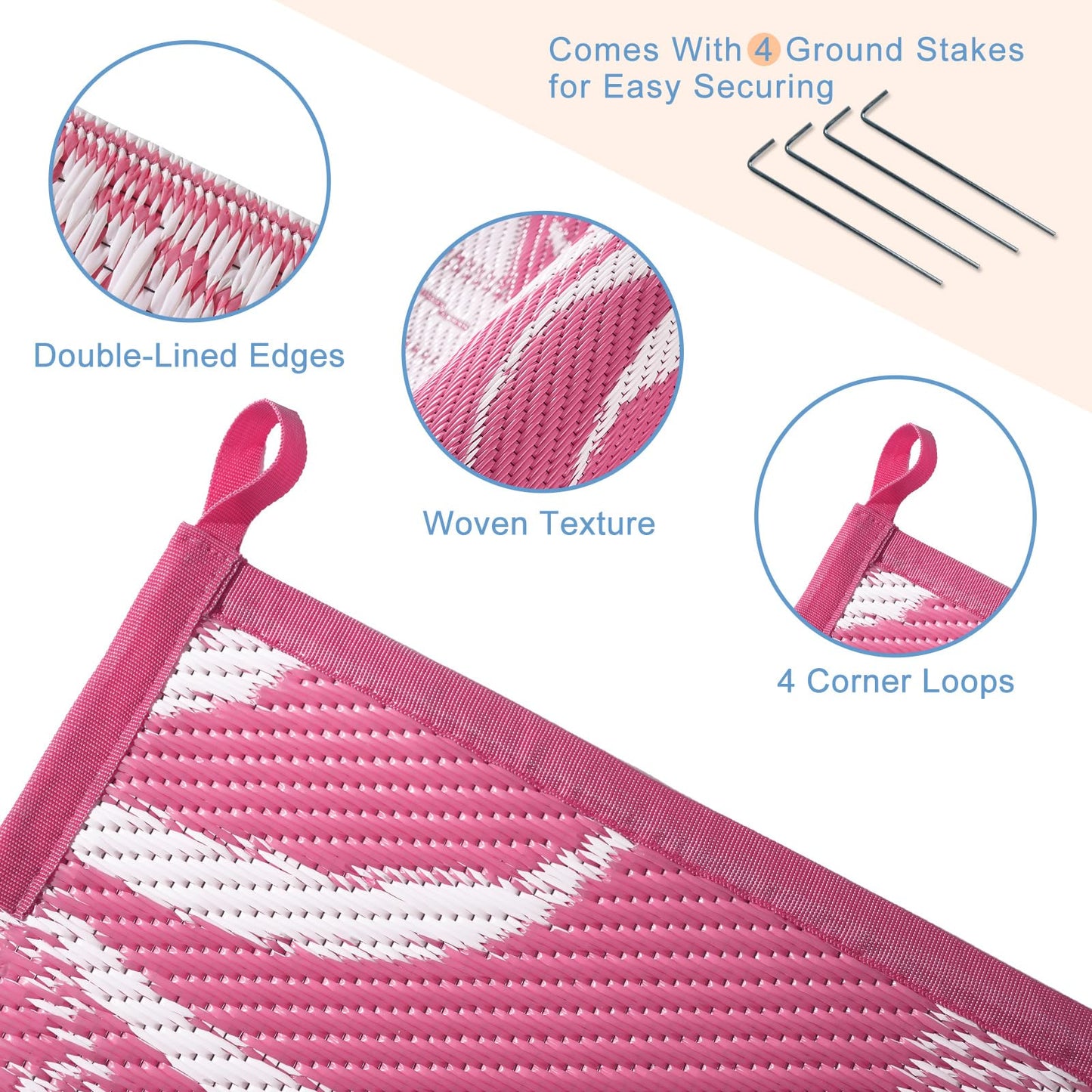 OPPODREAM Reversible Outdoor Rug 5x7, Waterproof Outdoor Plastic Straw Rug for Patio, Tropical Leaf RV Camping Rugs for Outside, Deck, Balcony, Porch, Backyard, Camping, Rv, Pink and White