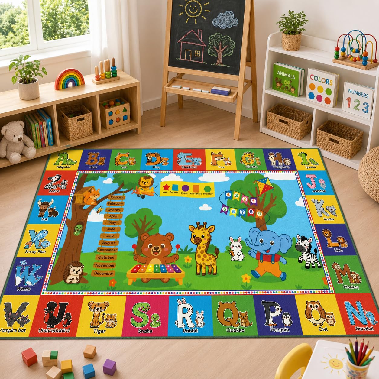 Upgrade Ultra Non Slip ABC Rugs for Kids Playroom, 4x7 Washable Alphabet Floor Play Mat for Toddlers Baby, Educational Learning Baby Carpet with Animals for Nursery, Classroom & Bedroom, 48"x80"