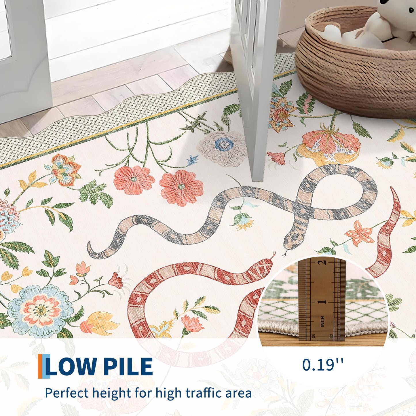 LUXLOOM Large Scalloped Area Rug Washable 10x13 Modern Floral Living Room Rug Soft Non Slip Low Pile Indoor Carpet Stain Resistant Flower Animal Patter Carpet for Playroom Beige