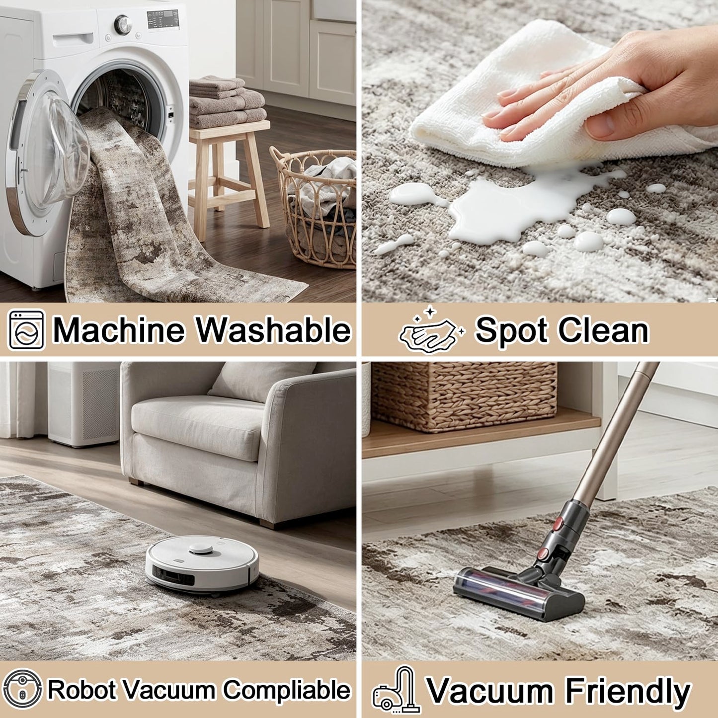 Cnythlis Washable Area Rug, Vacuum Friendly, Pet Friendly, Water & Stain Resistant, 0.3" Low Pile, Non-Slip Backing, for Hardwood Floors Living Room Bedroom Dining Room, 9'x12', Neutral Taupe