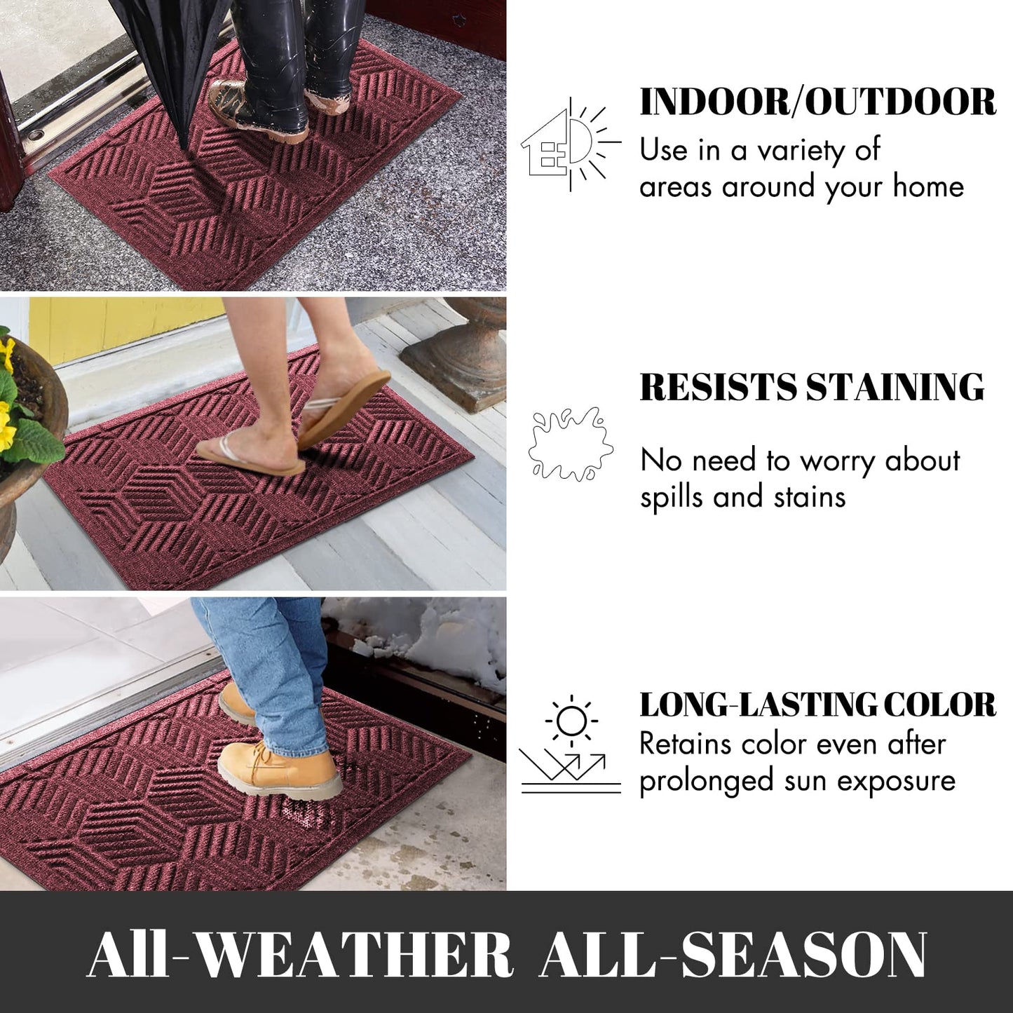 Yimobra Front Door Mat, All-Season Waterproof Outdoor Mat for Entrance with Drainage Holes, Heavy Duty Non-Slip Doormat for Garage Patio Entryway Indoor, 29.5x17, Red