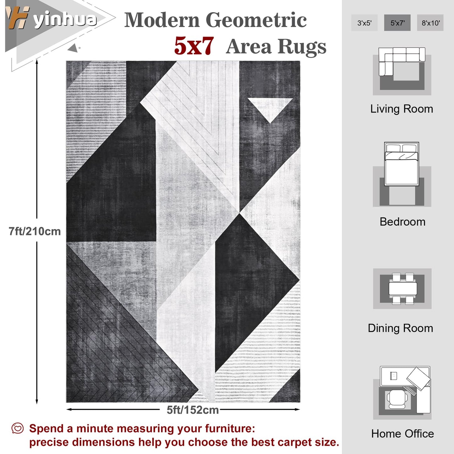 Yinhua Modern Geometric Area Rugs 5x7 Grey Black Rugs for Living Room Washable Rug Non Slip Low Pile, Large Soft Bedroom Rug Non Shedding, Modern Simplicity Carpet for Home Office, Dining Room