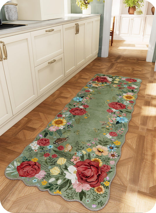 NoiFamo Kitchen Rug Runners for Hallways: 2x6 Washable Runner Rugs for Kitchen Ultra Thin Stain Resistant Non Slip Low Pile Lightweight Vintage Floral Carpet for Laundry Room, Bedside Decor (Green)