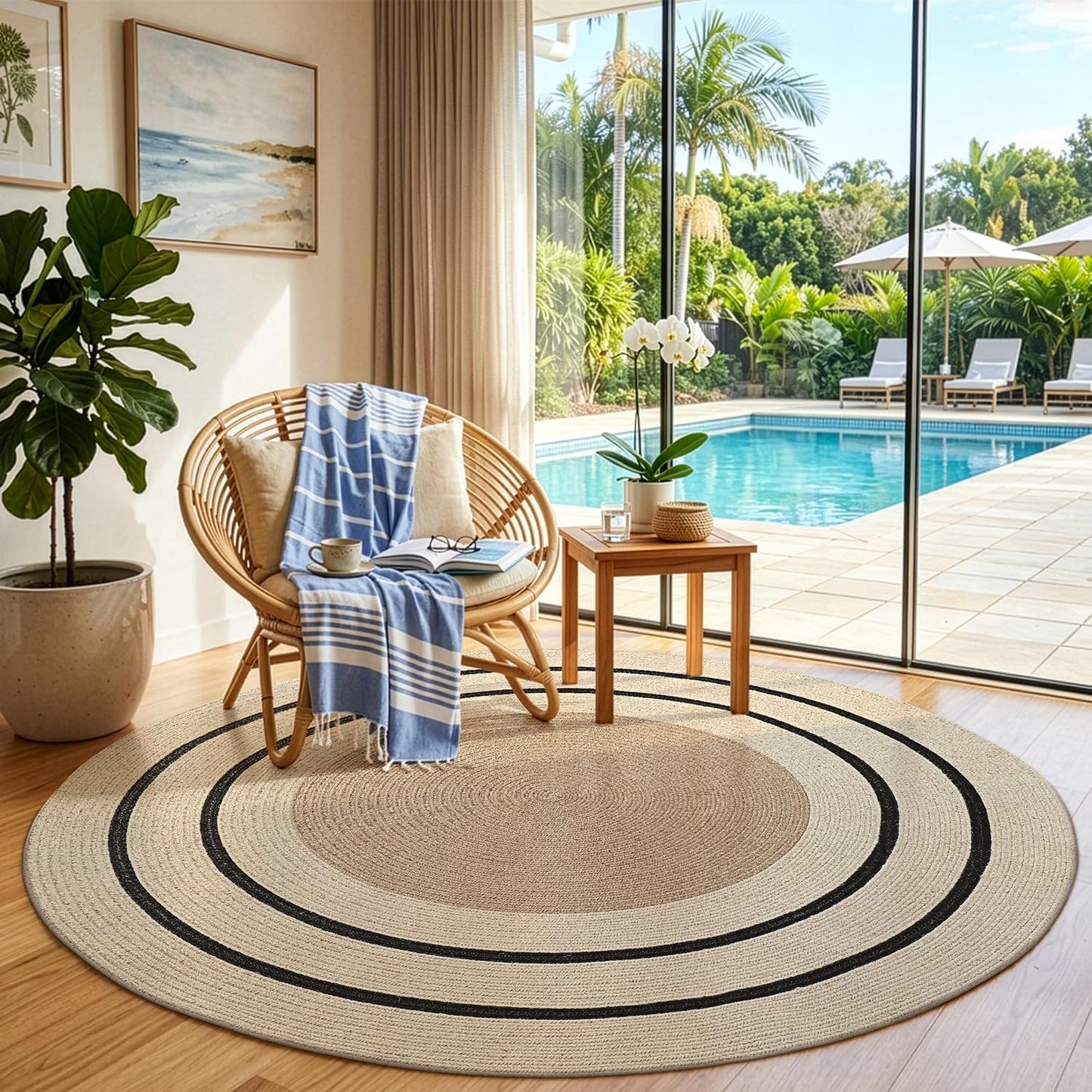 LUMI Jute Area Rug 9ft Round for Living Room, Natural Braided Woven Rugs Non Slip, Neutral Farmhouse Carpets No Shedding, Durable for High Traffic, Dining Room, Indoor, Outdoor, Patio