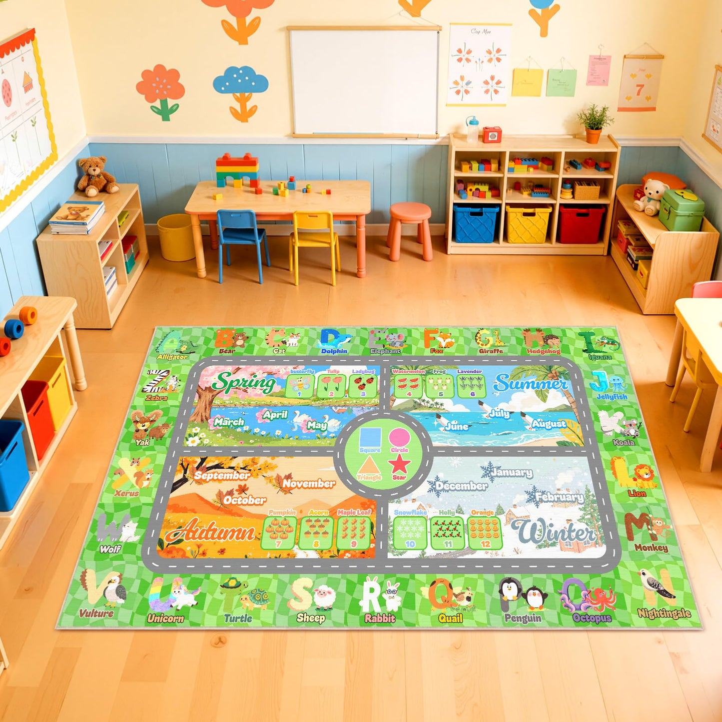 Auetwyona Kids Playroom Rug 3' x 5'- Educational Alphabet ABC Mat with Animals,Seasons & Numbers | Classroom Rug & Playroom Essential Fun Play Mat Washable Kids Area Rug for Boys & Girls Bedroom