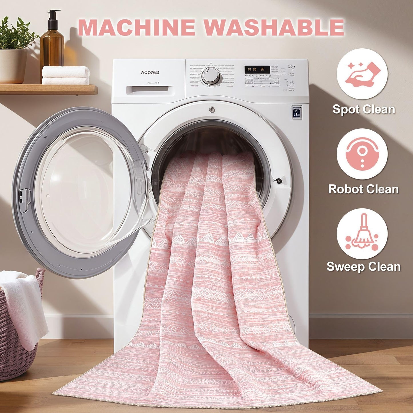 Nakagishi Pink Rugs for Bedroom Girls: 5x7 Washable Boho Large Neutral Area Rug Cute Soft Modern Indoor Floor Non Slip Accent Carpet for Living Room Nursery Kids Playroom Dorm Preppy Baby Room Decor