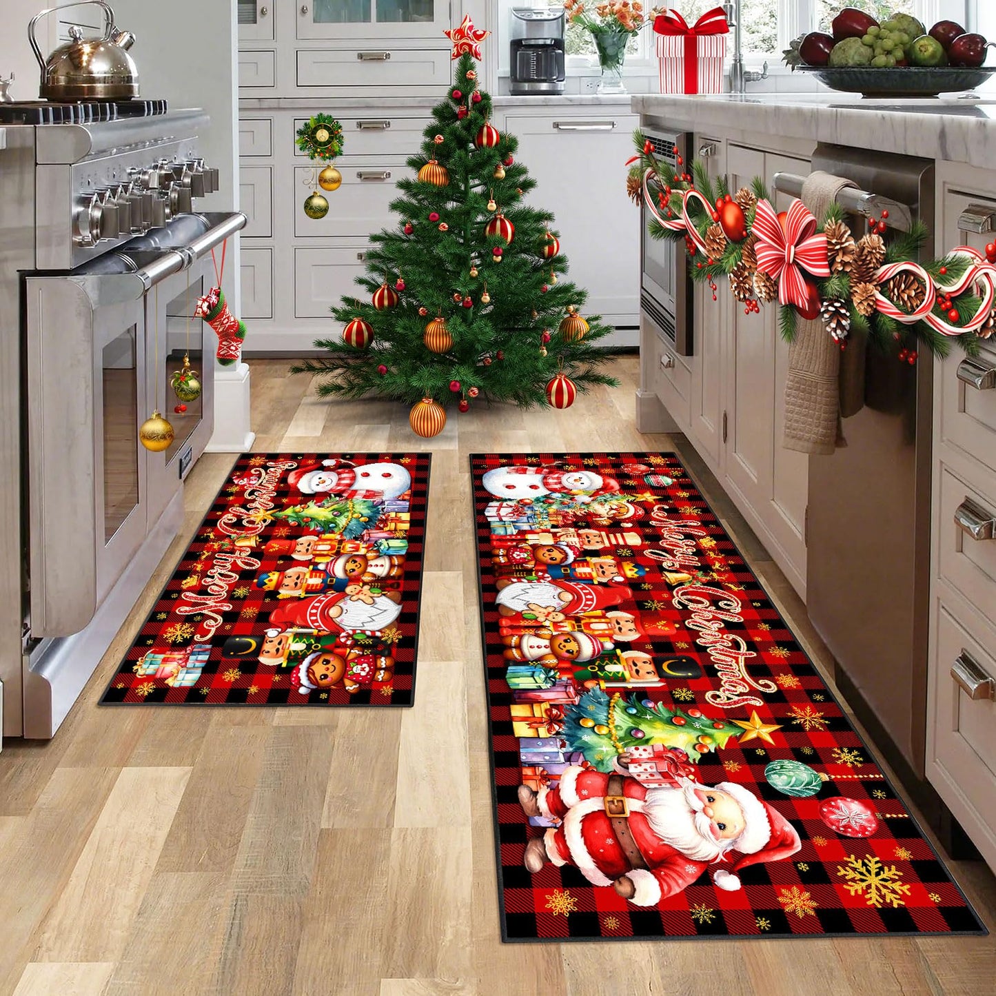 ACZHHZC Merry Christmas Nutcracker Kitchen Rugs and Mats Set of 2, Buffalo Plaid Winter Xmas Holiday Home Kitchen Decor Floor Mats, Washable Non-Slip Sink Carpet (17"x47"+17"x30")