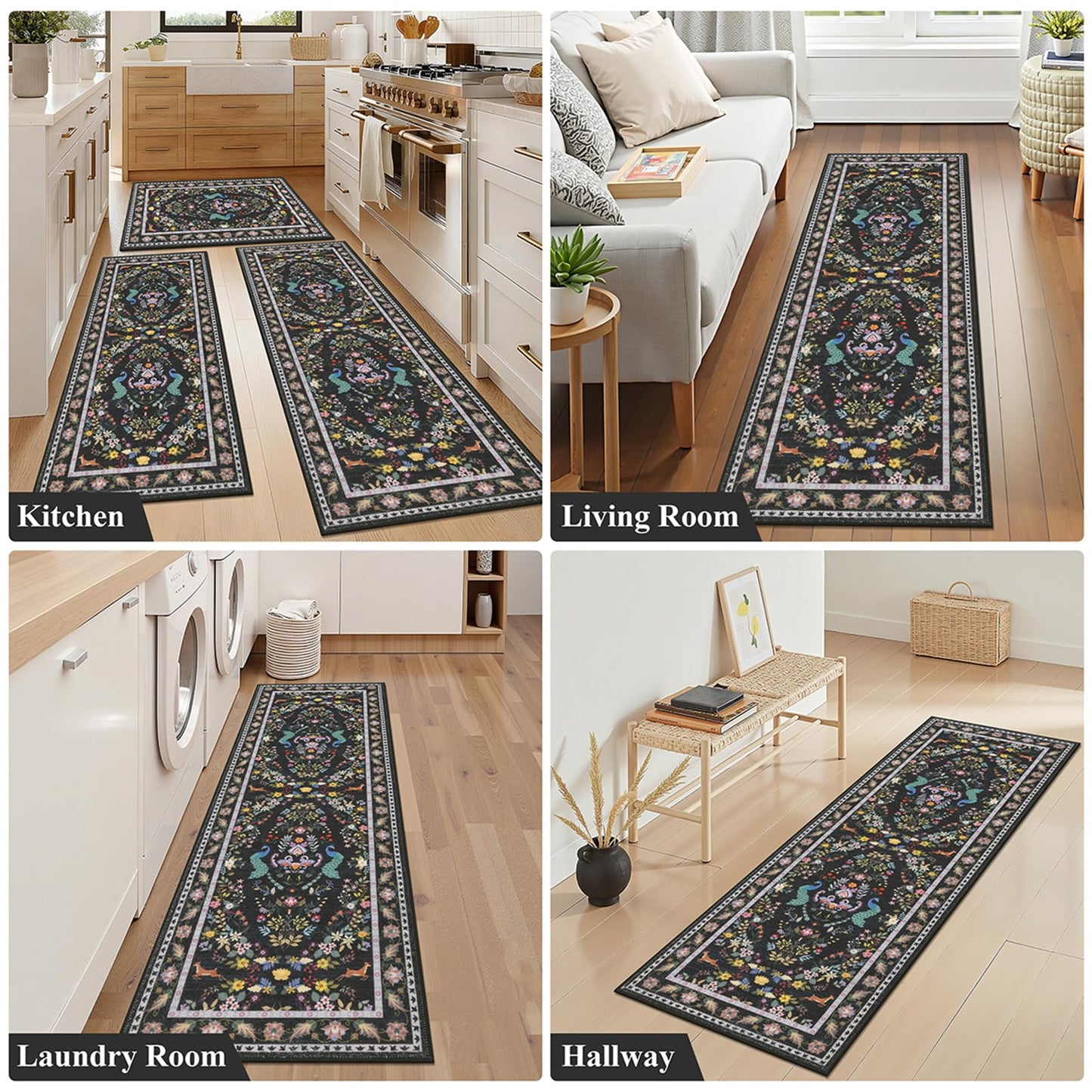 HEBE Washable Kitchen Rugs Sets of 3, Non Slip Absorbent Kitchen Rugs and Mats, Farmhouse Stain Resistant Kitchen Mat Carpet Runner for Kitchen Floor, Laundry Room, Hallway